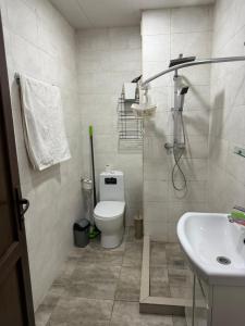 a bathroom with a toilet and a sink and a shower at Nikala Three Bedroom Apartment Tbilisi Free Parking in Tbilisi City +11 photos