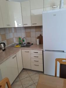 a kitchen with white cabinets and a white refrigerator at Apartman MAGNIFICO in Donje Mladice +5 photos