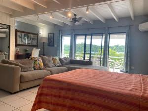 een woonkamer met een bank en een bed bij Loft Apartment Ocean View in Saint Johnʼs