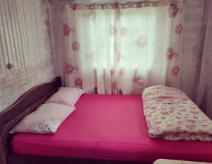 a pink bed in a room with a window at Cantinho do Sossego in Lages