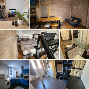 a collage of four pictures of a room with a table at Duplex cosy-Wifi-Parking-Netflix-Lyon 9 in Lyon