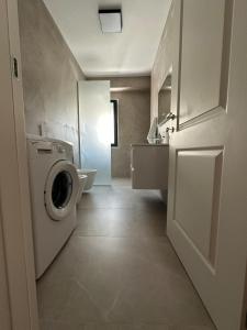 a bathroom with a washing machine and a sink at Aurela Apartment 1 in Lezhë