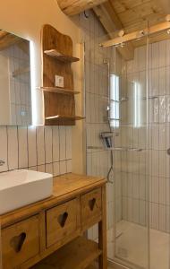 un bagno con lavandino e doccia di T3 classé 3 étoiles, pour 6 personnes dans un Chalet a Saint-Michel-de-Maurienne