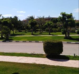 ein Park mit einem Busch mitten auf einer Straße in der Unterkunft 3-Bedroom Furnished Apartment - Golden Beach Resort, North Coast in Dawwār Ibrāhīm Abū Shunaywīr