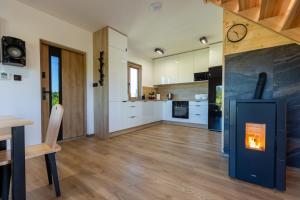 a kitchen with a fireplace in the middle of a room at Wichrowe Wzgórze Chill House Jabłonowo in Stare Miasto +11 photos
