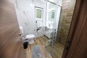 a bathroom with a toilet and a glass shower at Holiday Residence Šehić in Visoko