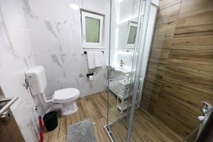 a bathroom with a toilet and a glass shower at Holiday Residence Šehić in Visoko