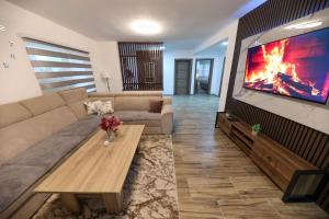 a living room with a couch and a large tv at Holiday Residence Šehić in Visoko