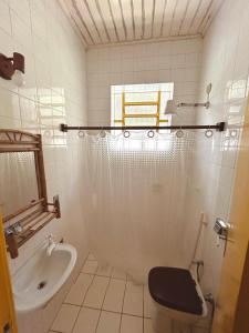 a bathroom with a shower with a toilet and a sink at Loft Cerejeira no Sítio Gaia Miguel Pereira RJ in Miguel Pereira