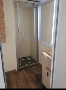 a bathroom with a glass shower with a mirror at Camping le lac des rêves Mobil home "Séléna" possibilité location trottinette Electrique in Lattes