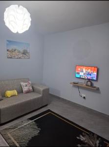 a living room with a couch and a flat screen tv at Melz & Sno Apartments in Mbabane