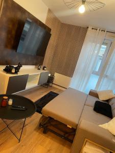 a living room with a couch and a flat screen tv at Évasion chic à Aucamville - Parking Privé - CLIM in Aucamville