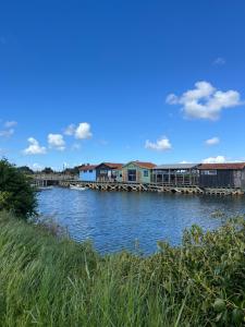 een waterlichaam met huizen en een dok bij Départ du Marin à la Cotinière in Saint-Pierre-dʼOléron