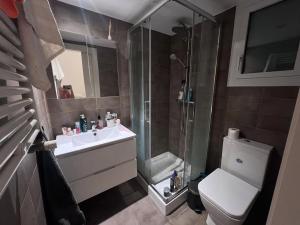 a bathroom with a shower and a sink and a toilet at Skyline Stay Brussel Elegant Views in Brussels