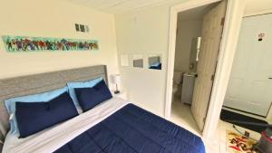 1 dormitorio con cama con almohadas azules y espejo en Small Lakeview Suite Near Disney & Universal, en Kissimmee