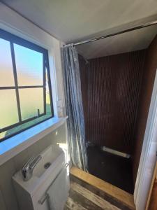a bathroom with a sink and a shower at Sawmillers Wagon Gateway to Tekapo and the MacKenzie District in Burkes Pass