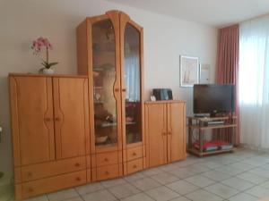a large wooden cabinet in a living room with a tv at 1-bedroom holiday apartment in Dittishausen
