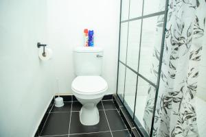 a white toilet in a bathroom with a shower at Kanana Villas Maun 2 bedroom apartment in Maun +27 photos