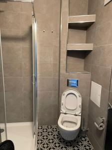 a small bathroom with a toilet and a shower at neu renoviert private zimmer mit Bad und Küche in Rostock