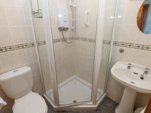 a bathroom with a shower and a toilet and a sink at Casa Mia in Goodwick +21 photos