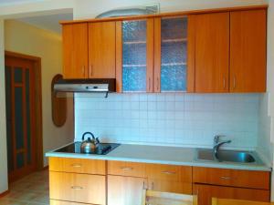 a kitchen with wooden cabinets and a sink at Уютная квартира метро Харьковская 3 мин, Паспорт-Сервис, Аэропорт Борисполь in Kyiv +6 photos