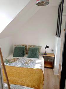 a bed with green pillows in a room at ☆ T2 hypercentre ✢ plage à 400m ✢ tout équipé ☆ in Dinard