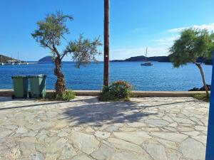 a view of a large body of water with two trees at Volto Studio in Kythira