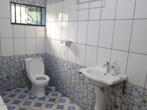 een badkamer met toilet en wastafel bij Sky Blue VIP Guest House Buea in Buea +6 foto's