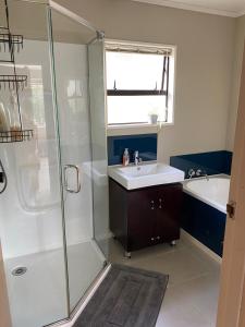 un baño con lavabo y ducha en A peaceful oasis, en Dunedin