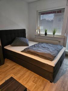 Una cama grande en un dormitorio con ventana. en Ferienwohnung Sülzhayn, en Sülzhayn