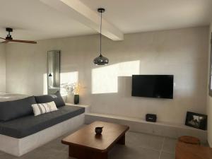a living room with a couch and a flat screen tv at Appartement vue mer Vulpaghja 01 in Cargèse