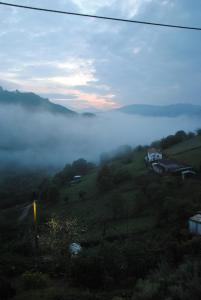 a view of a foggy hillside with a field and trees at Casa Rural, paz y naturaleza. in Los Quintanales +5 photos