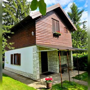 a small house with a door and flowers in a yard at River Point, kuća za odmor in Žažina