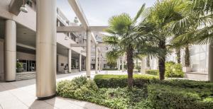 a courtyard with palm trees in a building at Ilunion Alcalá Norte in Madrid
