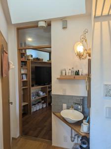a bathroom with a sink and a tv in a room at Asukayama Forrest in Tokyo
