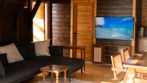 a living room with a couch and a flat screen tv at Sapolto Villas Faralya in Fethiye