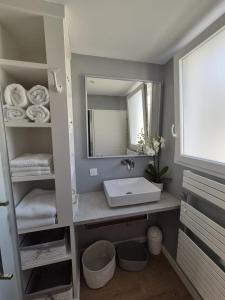 un bagno con lavandino, specchio e asciugamani di Escale 4 étoiles à Notre Dame de Monts, vue mer a Notre-Dame-de-Monts