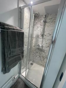 a shower with a glass door in a bathroom at Seafront Studio Snug by the Sea - Sea Views in South Hayling +30 photos