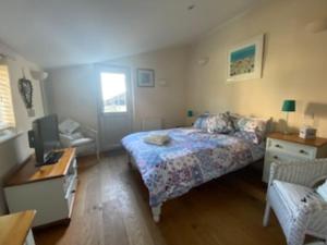 a bedroom with a bed and a desk and a television at Frogwell in Strete