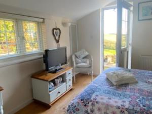 a bedroom with a bed and a flat screen tv at Frogwell in Strete