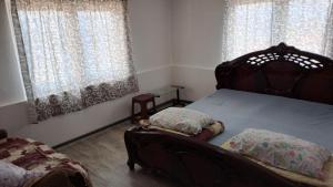 a bedroom with a bed and two windows with curtains at Villa Shine apartment 2 in Radožda