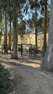 a park with two picnic tables and trees at Lindo departamento vista Club de golf Santo domingo, cerca de parque Tricao in Santo Domingo
