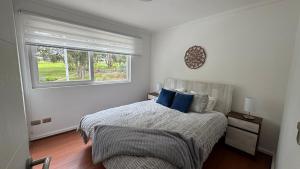 a bedroom with a bed with blue pillows and a window at Lindo departamento vista Club de golf Santo domingo, cerca de parque Tricao in Santo Domingo
