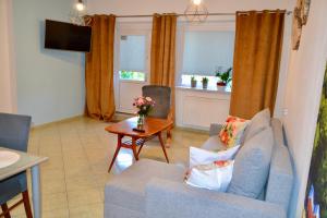 a living room with a couch and a table at Noclegi Bero Fejn in Lipusz