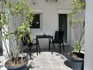 a patio with two chairs and a table and trees at Balaton Bloom Vendégház in Siófok