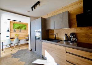 a kitchen with wooden cabinets and a counter top at Apart Alpine Retreat in Urgen