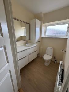 a bathroom with a toilet and a sink and a window at Bøtø strand feriehus 1 in Marielyst +17 photos