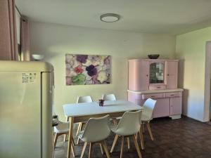 a kitchen with a table and chairs and a pink refrigerator at Enkelburg in Saal