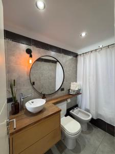 a bathroom with a sink and a toilet and a mirror at El Monoambiente mas lindo de Haedo con Cochera y Balconazo in Mariano J. Haedo