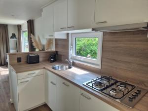 a kitchen with a stove and a window in it at Eldorado in Petten